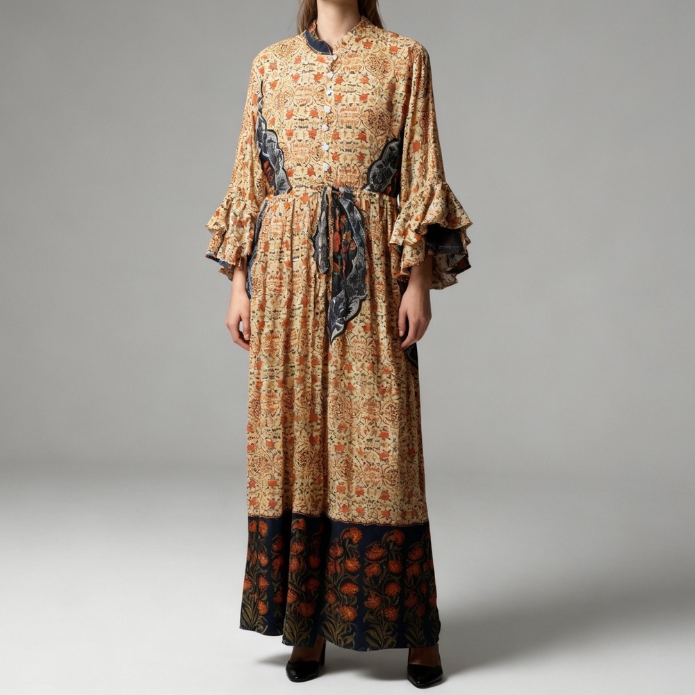 Zara Bell Sleeve Maxi Dress Boho Cottagecore Peasant‎ Mixed Print, size Medium